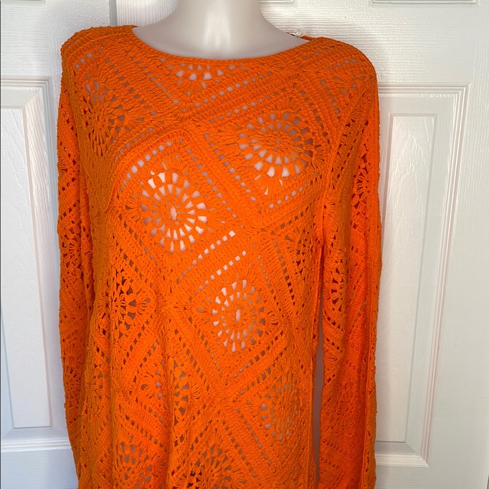 JOIE VIBRANT ORANGE OPEN WEAVE CROCHET DRESS SWIM COVERUP SWEATER TUNIC …